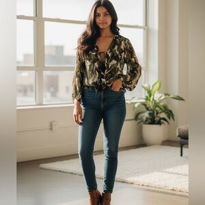 Chic Army V-Neck Blouse with Feather Accent Neck Plunge Tie